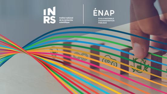 Logos de l'INSP et de l'ENAP sur image de main avec blocs illustrant le développement durable et lignes colorées en premier plan